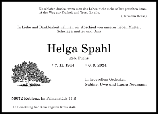 Traueranzeige von Helga Spahl von Rhein-Zeitung