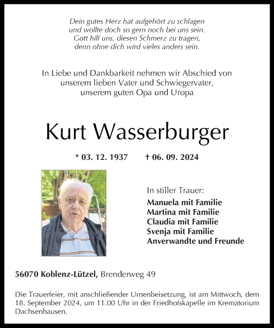 Traueranzeige von Kurt Wasserburger von Rhein-Zeitung