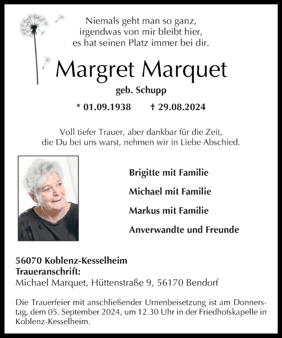 Traueranzeige von Margret Marquet von Rhein-Zeitung