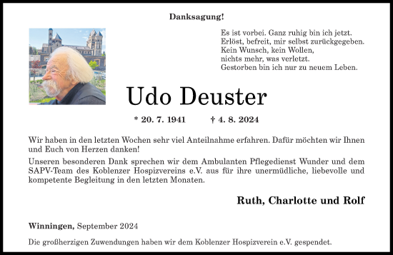 Traueranzeige von Udo Deuster von Rhein-Zeitung