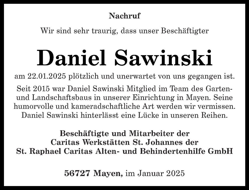  Traueranzeige für Daniel Sawinski vom 28.01.2025 aus Rhein-Zeitung