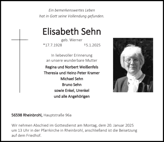 Traueranzeige von Elisabeth Sehn von Rhein-Zeitung, Rhein-Hunsrück-Zeitung