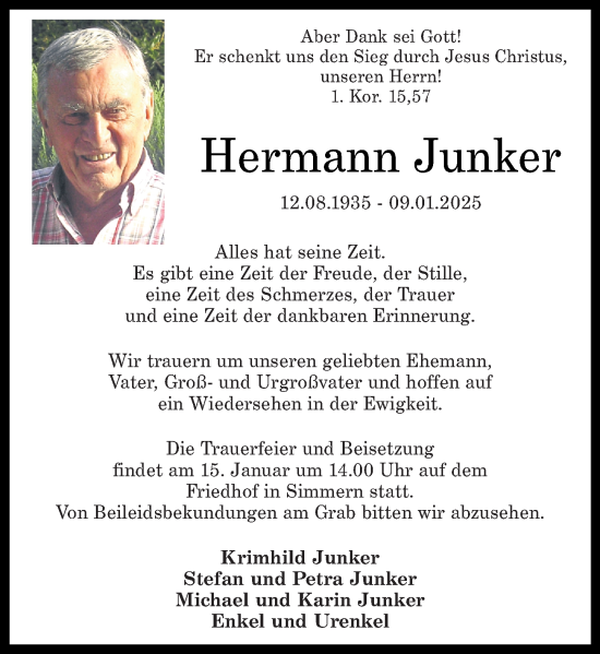 Traueranzeige von Hermann Junker von Rhein-Hunsrück-Zeitung