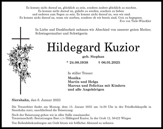 Traueranzeige von Hildegard Kuzior von Westerwälder Zeitung