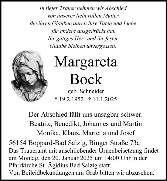 Traueranzeige von Margareta Bock von Rhein-Hunsrück-Zeitung