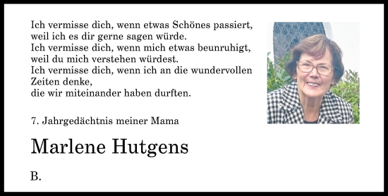 Traueranzeige von Marlene Hutgens von Rhein-Zeitung
