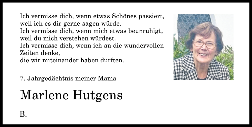 Traueranzeige für Marlene Hutgens vom 01.02.2025 aus Rhein-Zeitung