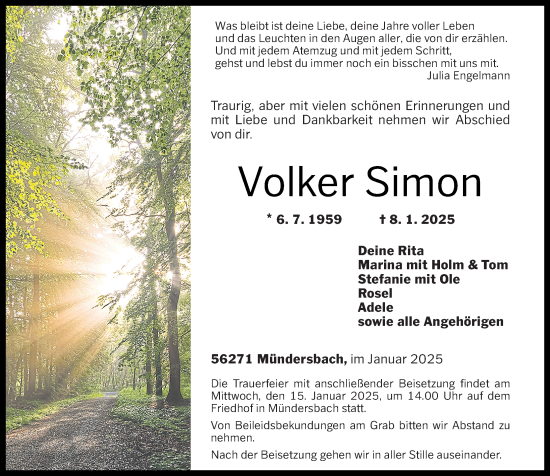 Traueranzeige von Volker Simon von Westerwälder Zeitung