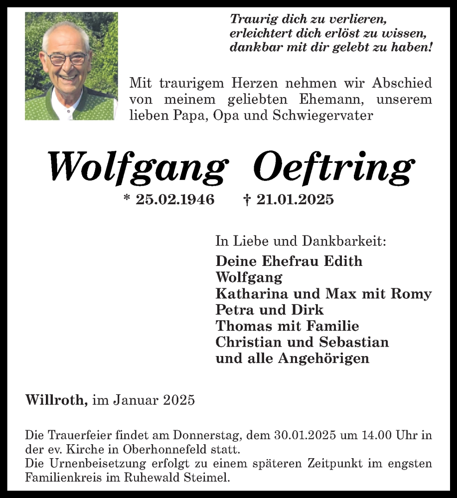  Traueranzeige für Wolfgang Oeftring vom 25.01.2025 aus Rhein-Zeitung