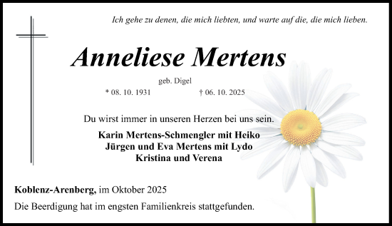 Traueranzeige von Anneliese Mertens von Rhein-Zeitung