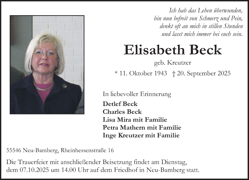  Traueranzeige für Elisabeth Beck vom 04.10.2025 aus Oeffentlicher Anzeiger