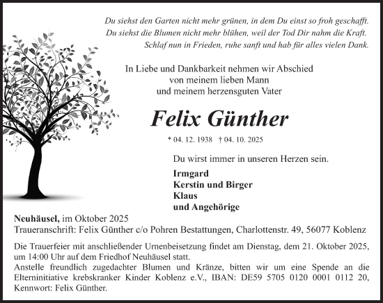 Traueranzeige von Felix Günther von Rhein-Zeitung
