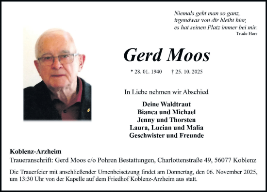 Traueranzeige von Gerd Moos von Rhein-Zeitung