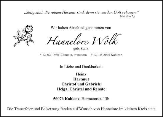 Traueranzeige von Hannelore Wölk von Rhein-Zeitung