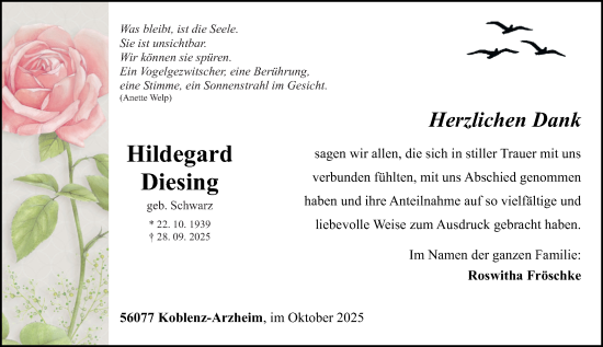Traueranzeige von Hildegard Diesing von Rhein-Zeitung