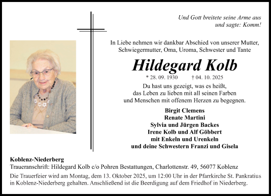 Traueranzeige von Hildegard Kolb von Rhein-Zeitung