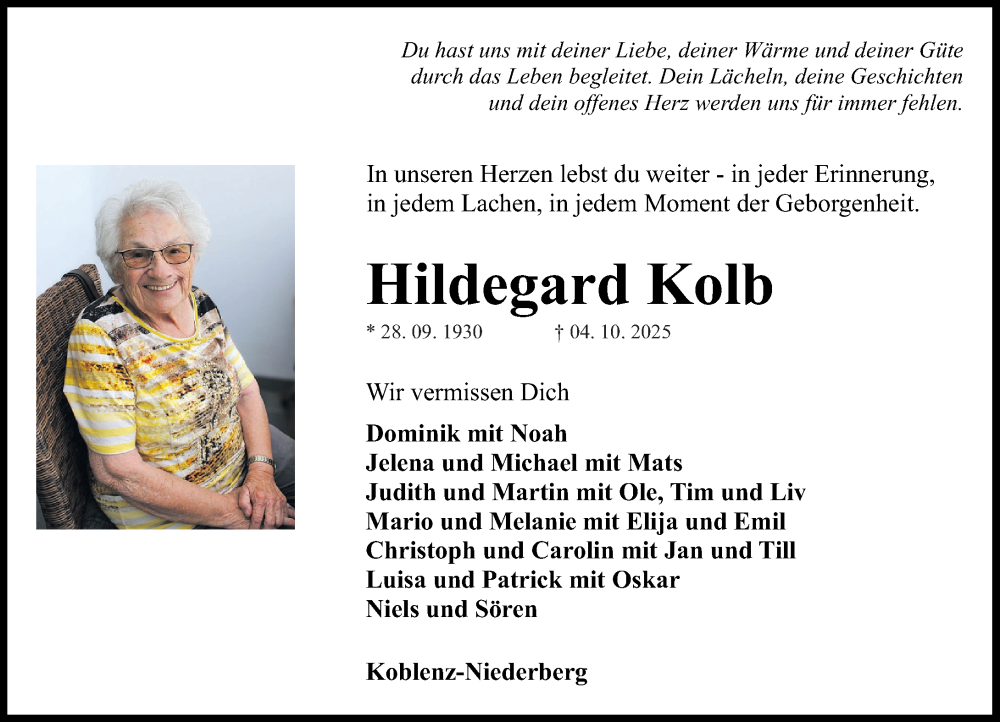  Traueranzeige für Hildegard Kolb vom 11.10.2025 aus Rhein-Zeitung