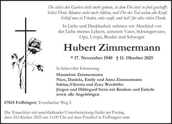 Traueranzeige von Hubert Zimmermann von Oeffentlicher Anzeiger