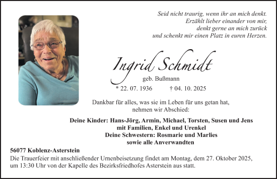 Traueranzeige von Jugrid Schmidt von Rhein-Zeitung