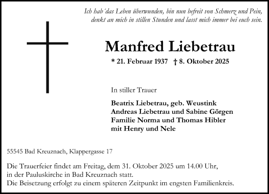Traueranzeige von Manfred Liebetrau von Oeffentlicher Anzeiger