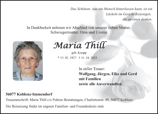 Traueranzeige von Maria Thill von Rhein-Zeitung