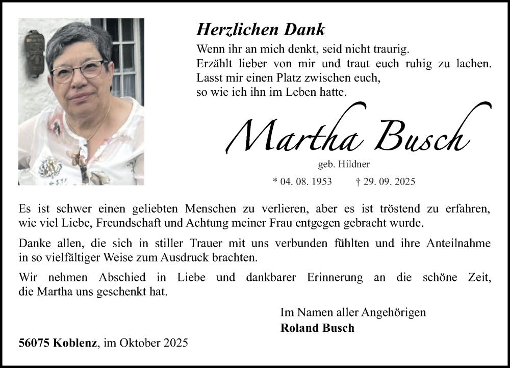  Traueranzeige für Martha Busch vom 31.10.2025 aus Rhein-Zeitung