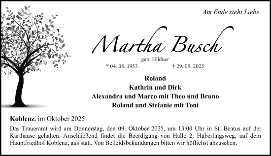 Traueranzeige von Marthe Busch von Rhein-Zeitung