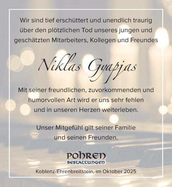 Traueranzeige von Niklas Gyapjas von Rhein-Zeitung