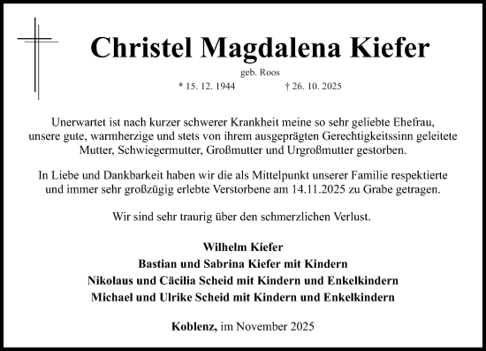 Traueranzeige von Christel Magdalena Kiefer von Rhein-Zeitung