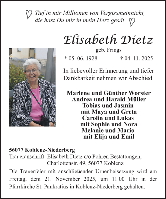 Traueranzeige von Elisabeth Dietz von Rhein-Zeitung