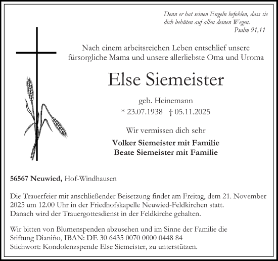 Traueranzeige von Else Siemeister von Rhein-Zeitung