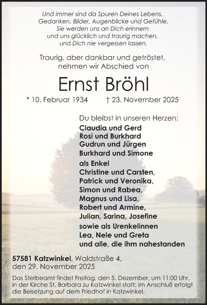  Traueranzeige für Ernst Bröhl vom 29.11.2025 aus Rhein-Zeitung