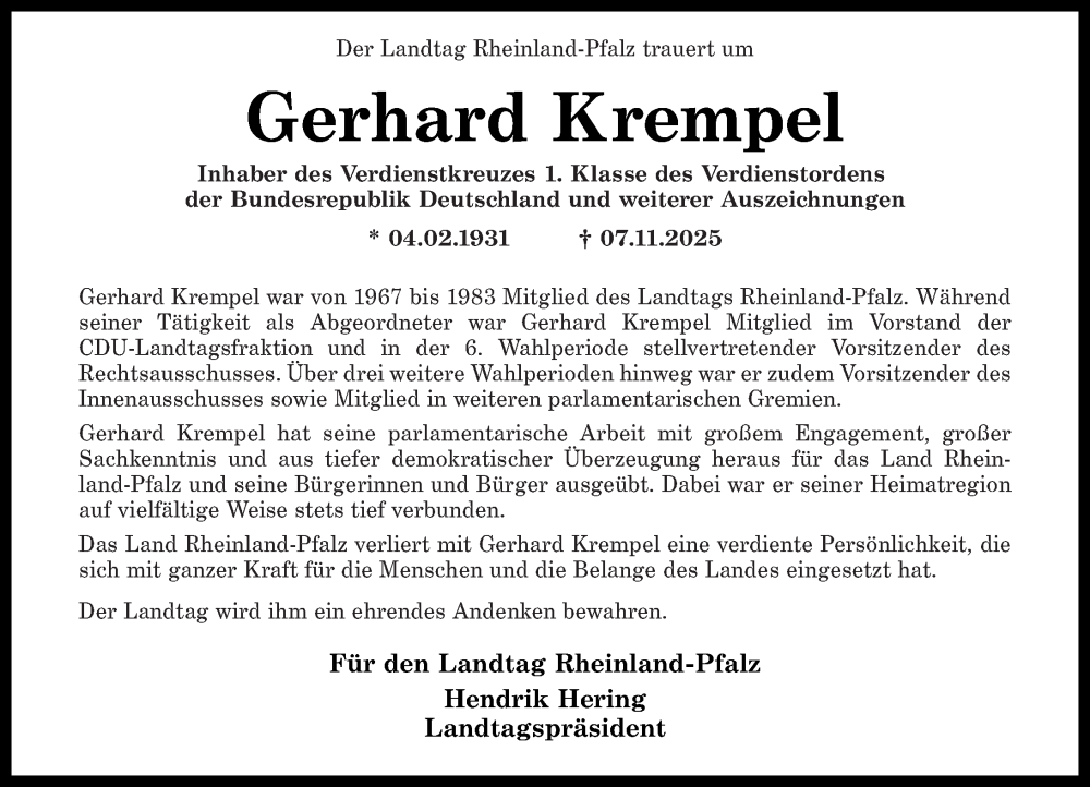  Traueranzeige für Gerhard Krempel vom 15.11.2025 aus Westerwälder Zeitung, Rhein-Zeitung