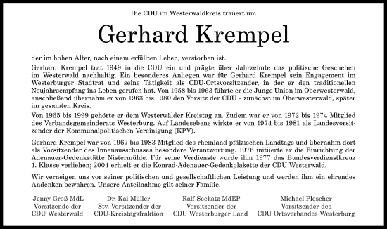 Traueranzeige von Gerhard Krempel von Westerwälder Zeitung