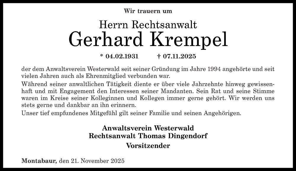  Traueranzeige für Gerhard Krempel vom 29.11.2025 aus Westerwälder Zeitung