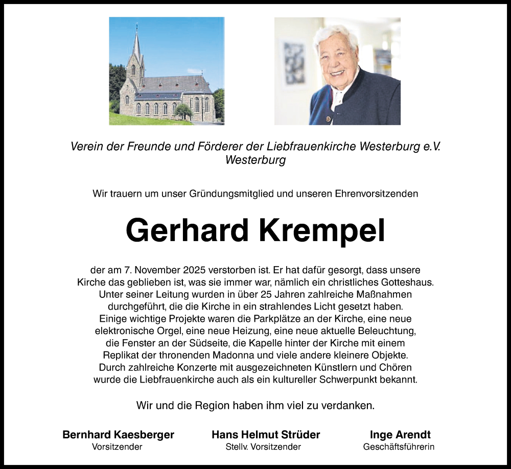  Traueranzeige für Gerhard Krempel vom 15.11.2025 aus Westerwälder Zeitung