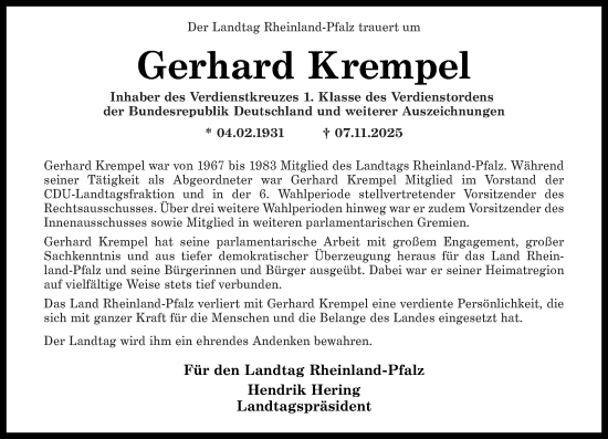 Traueranzeige von Gerhard Krempel von Westerwälder Zeitung, Rhein-Zeitung