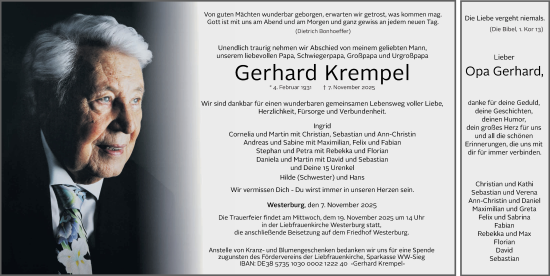 Traueranzeige von Gerhard Krempel von Westerwälder Zeitung, Rhein-Zeitung