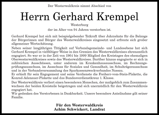 Traueranzeige von Gerhard Krempel von Westerwälder Zeitung