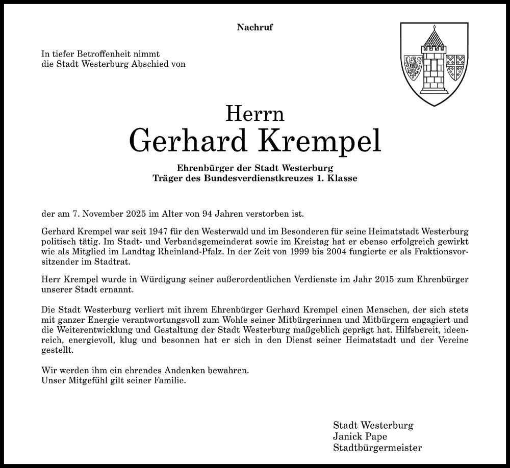  Traueranzeige für Gerhard Krempel vom 15.11.2025 aus Westerwälder Zeitung