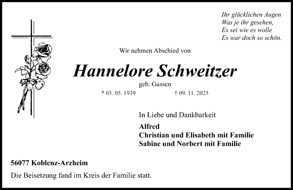  Traueranzeige für Hannelore Schweitzer vom 15.11.2025 aus Rhein-Zeitung