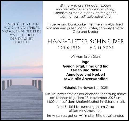 Traueranzeige von Hans-Dieter Schneider von Westerwälder Zeitung