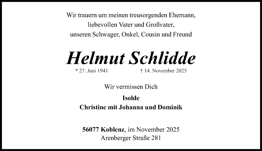  Traueranzeige für Helmut Schlidde vom 22.11.2025 aus Rhein-Zeitung