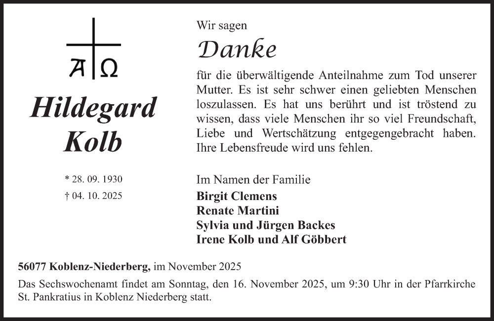 Traueranzeige für Hildegard Kolb vom 08.11.2025 aus Rhein-Zeitung