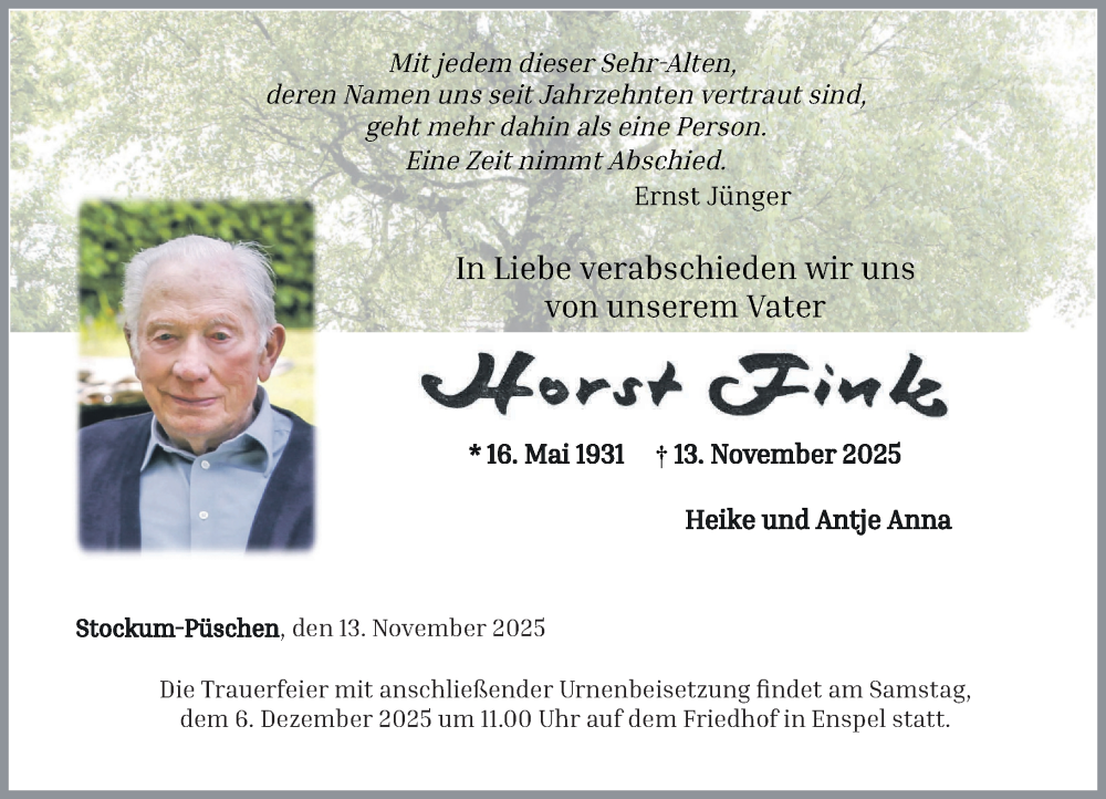  Traueranzeige für Horst Fink vom 29.11.2025 aus Westerwälder Zeitung