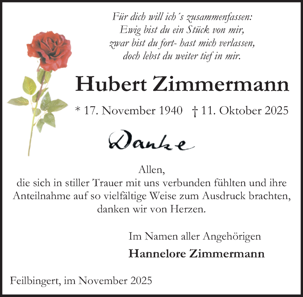  Traueranzeige für Hubert Zimmermann vom 15.11.2025 aus Oeffentlicher Anzeiger