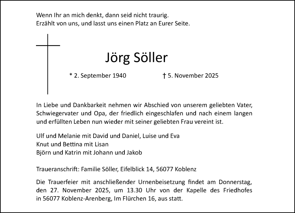  Traueranzeige für Jörg Söller vom 22.11.2025 aus Rhein-Zeitung