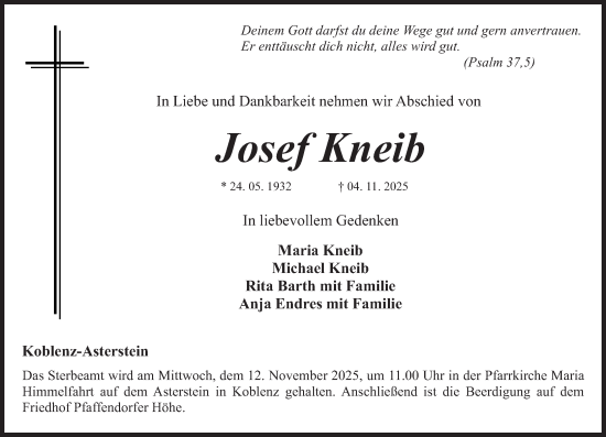 Traueranzeige von Josef Kneib von Rhein-Zeitung