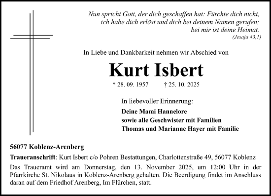 Traueranzeige von Kurt Isbert von Rhein-Zeitung