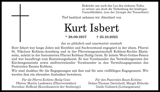 Traueranzeige von Kurt Isbert von Rhein-Zeitung